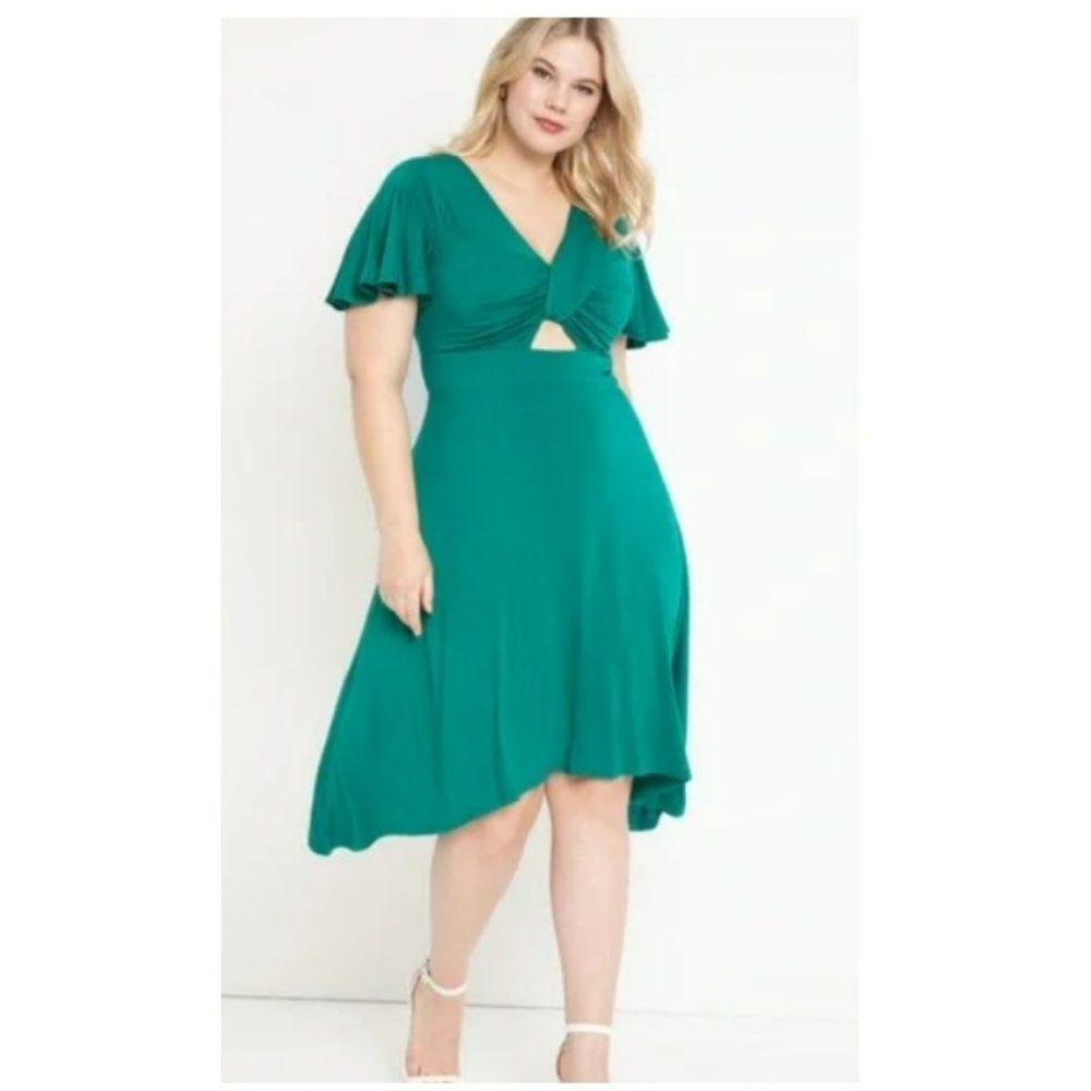 Eloquii Dress Womens 20 Green Cut-Out Flutter Sleeve Knee Length Jersey